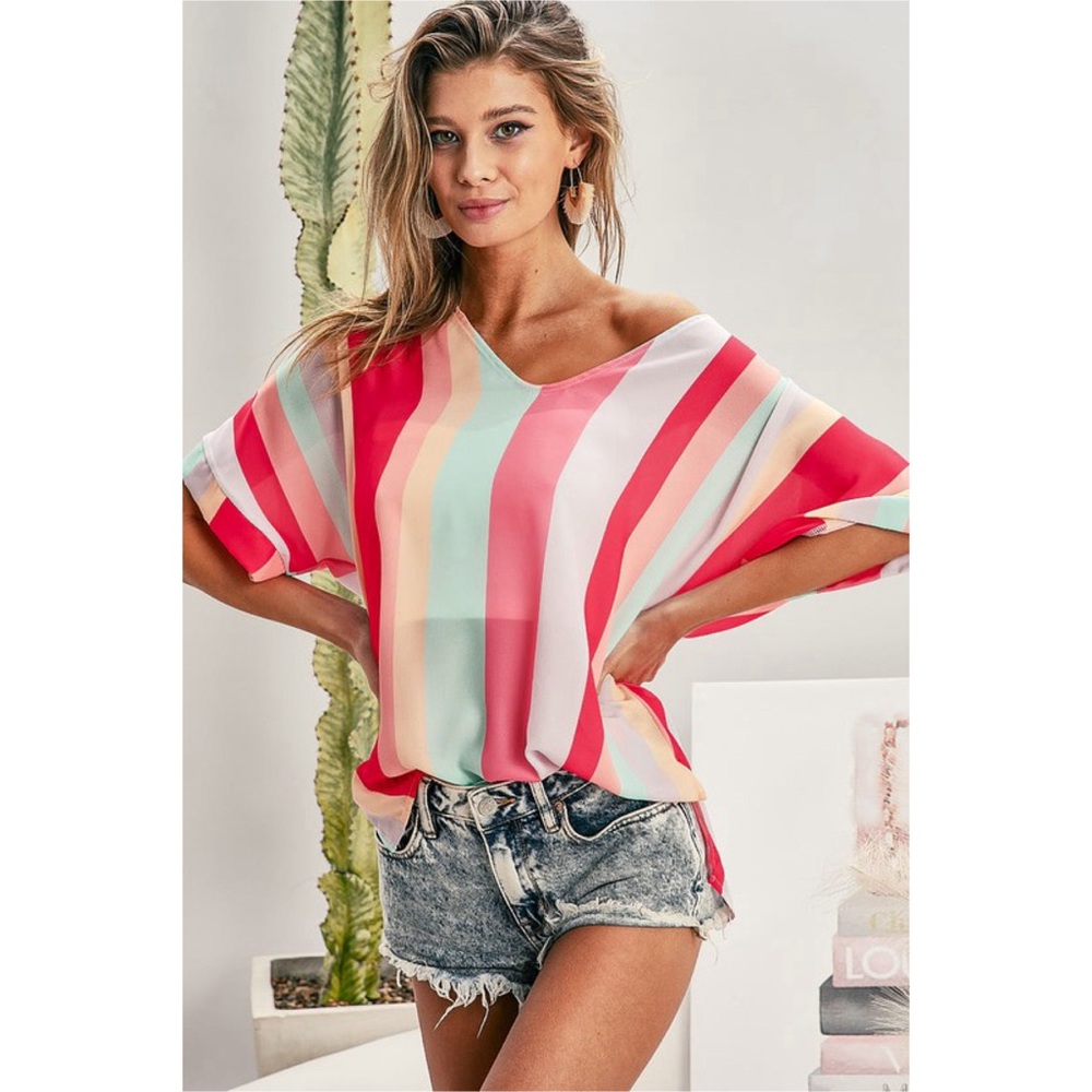 NEW! Woven Multicolor Vertical Stripe V Neck Blouse - Picture 7 of 8